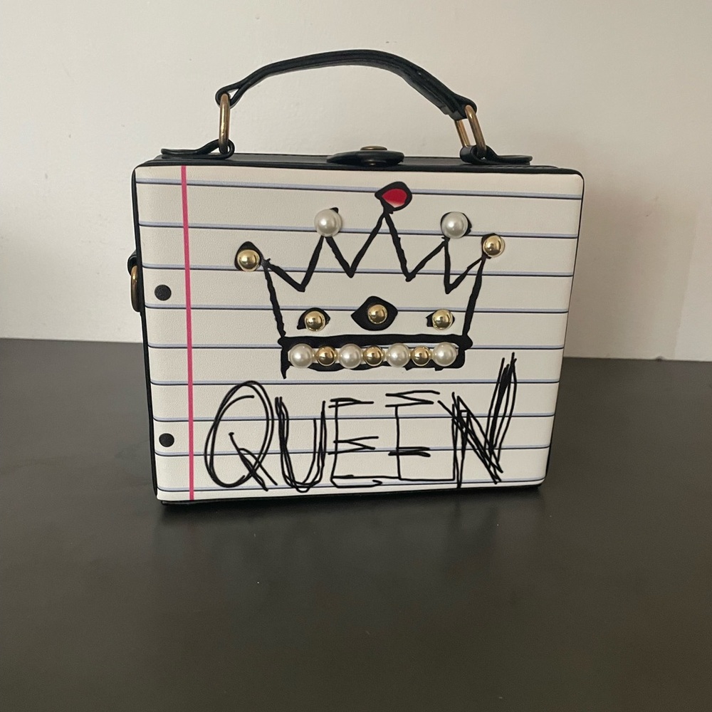 White and Black Mini Bag with Crown Illustration